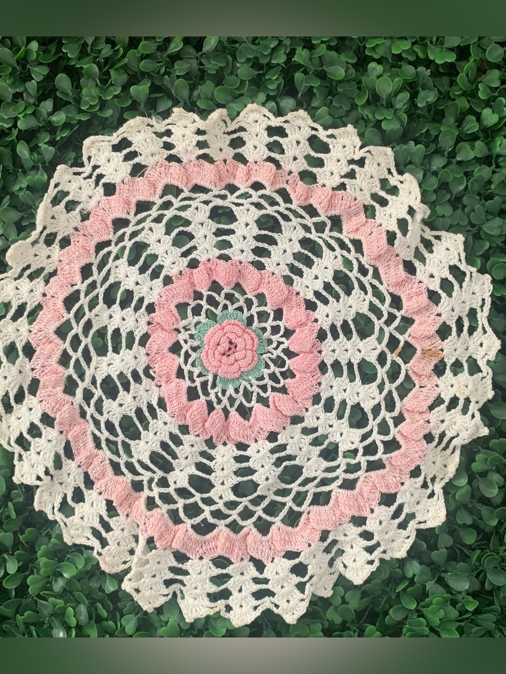 Vintage white pink and green rose floral crochet doily accent decor